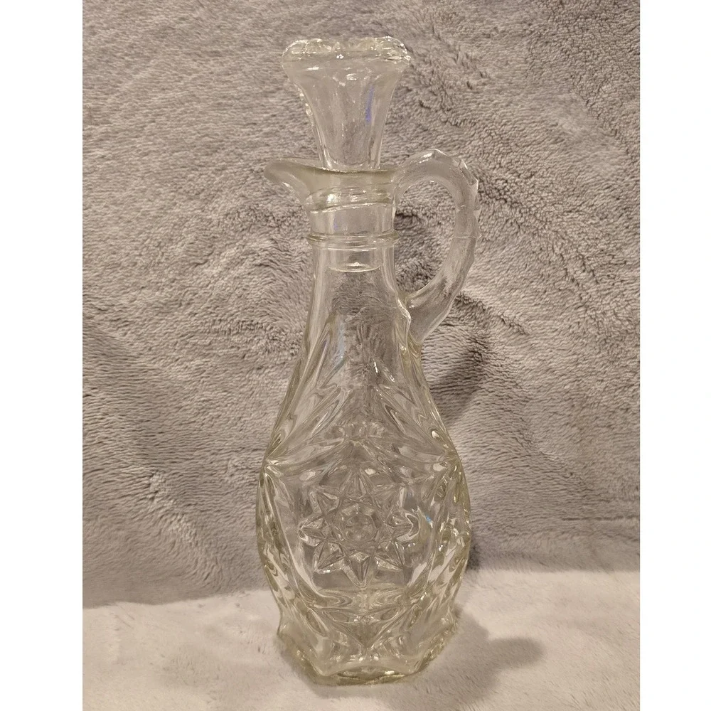 Vintage Anchor Hocking Star of David Clear Pressed Glass Cruet with Stopper 7.5